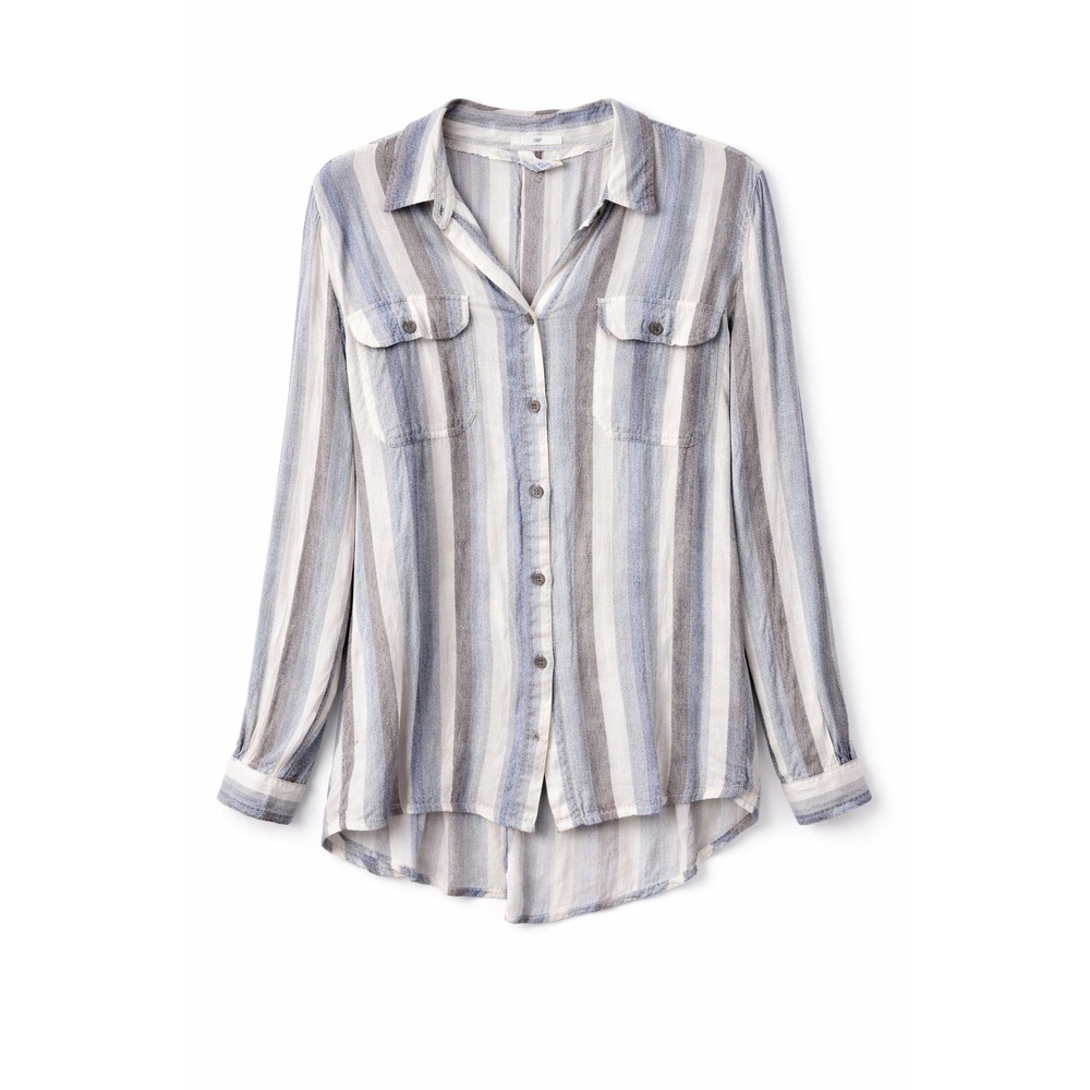 OSO Casuals Blue White Herringbone Stripe Button Shirt Women XL Rayon Layering